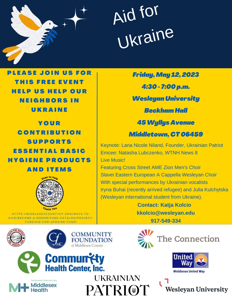 Hello Connecticut!

Clear your calendar on Friday May 12, and come out to #AidforUkraine 🕊️ at Beckham Hall, Wesleyan University.
Keynote speaker is our very own Lana Nicole Niland, resident of Ukraine and founder of our org #UkrainianPatriot.

#StrongerTogether 
#UkraineWillWin