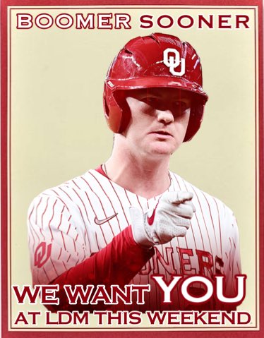Webbdingus's tweet photo. We need this weekend to be pure #chaOUs inside and out on the #Berms! #BoomerSooner @OU_Baseball https://t.co/5PF3GJJ7Wz