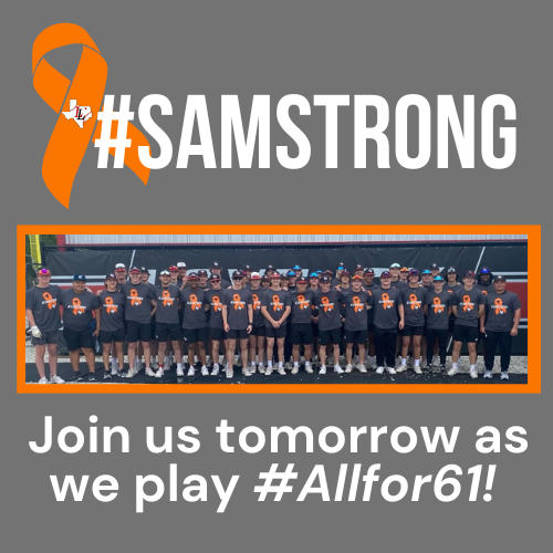 LLDiamondClub's tweet photo. 🧡 Tomorrow we play #Allfor61! 🧡 Join us Thursday at Lovejoy HS for a non-district game vs Independence HS. JV Black - 4:30, Varsity - 7:00. Varsity Game will be broadcast on Sportsgram with Audio Only. #WearOrange @LovejoyBaseball #SamStrong https://t.co/S8NmkKv7qF