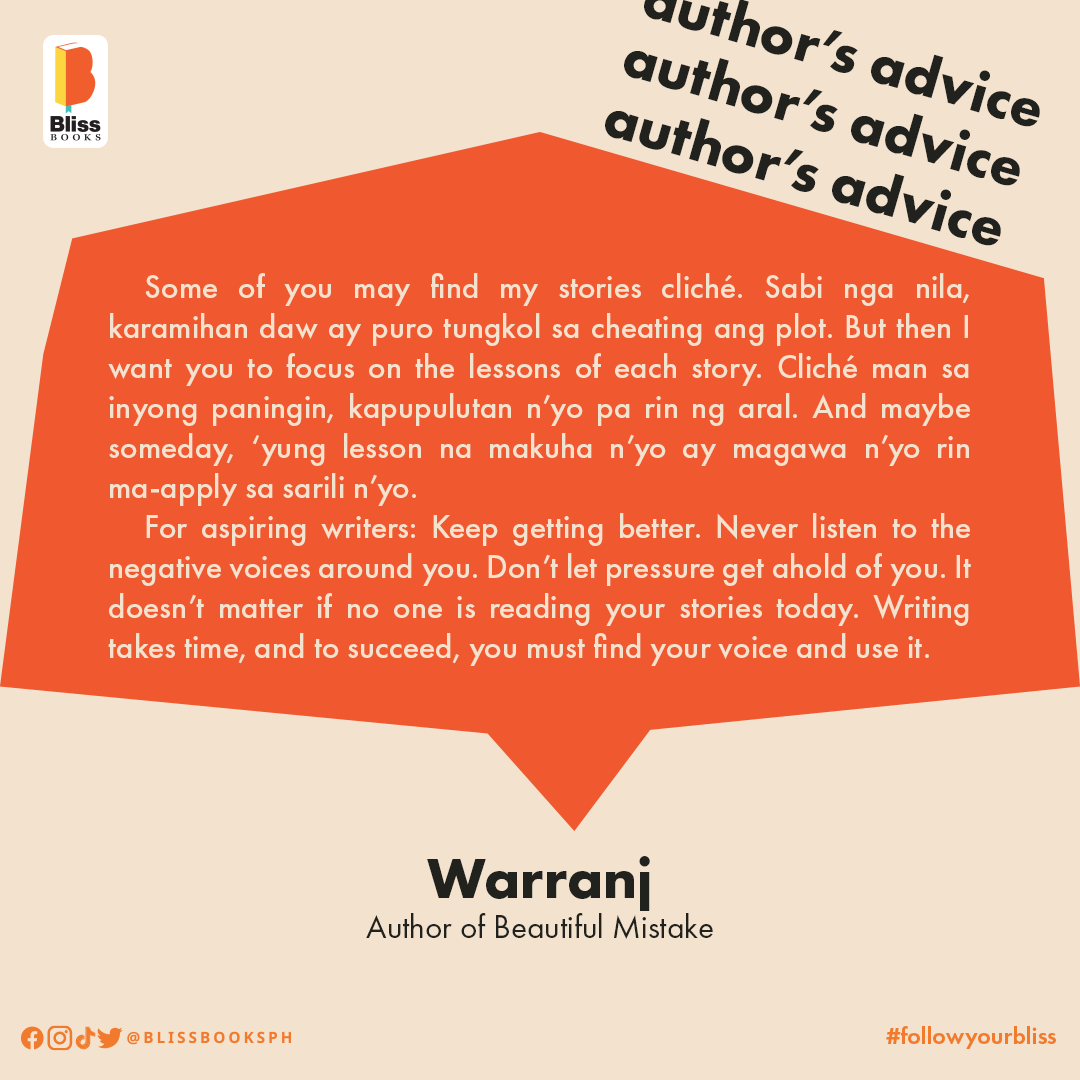 blissbooksph's tweet photo. Dina-doubt mo ba ang kakayanan mong magsulat? Heto ang isang #authorsadvice galing kay @warranjwp Warranj (Author of Beautiful Mistake)

#followyourbliss #blissbooksph #ireadblissbooks #blissbooksreader #wattpad #wattpadph #warranj https://t.co/RPUqdifD3u