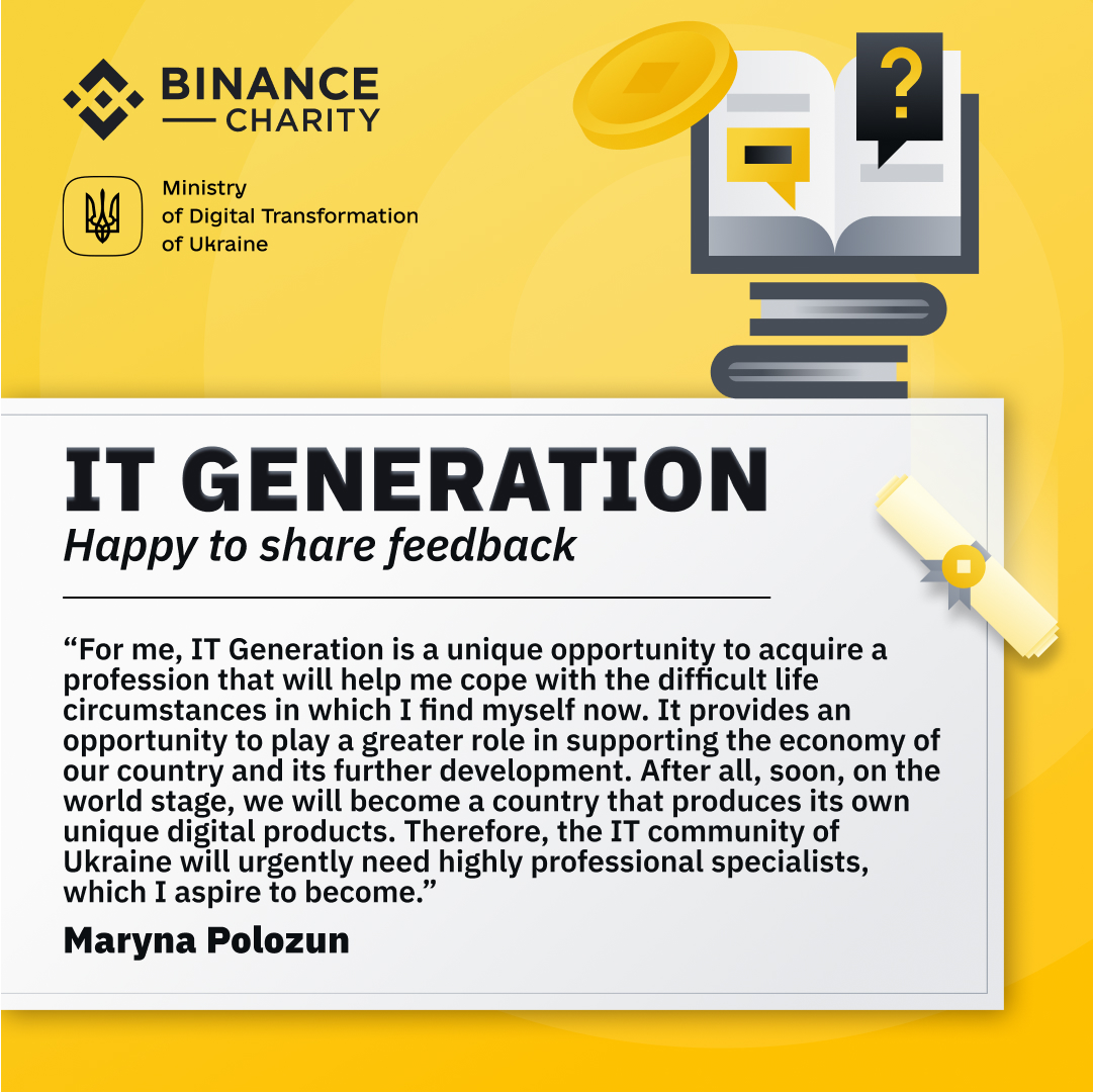 BinanceBCF's tweet photo. We're hearing from just a handful of the 2000+ students who participated in #ITGeneration Ukrainians from all backgrounds applied to learn new skills in the tech sector in hopes to pursue careers after many lost their jobs due to the war. https://t.co/52h2jqiFSN