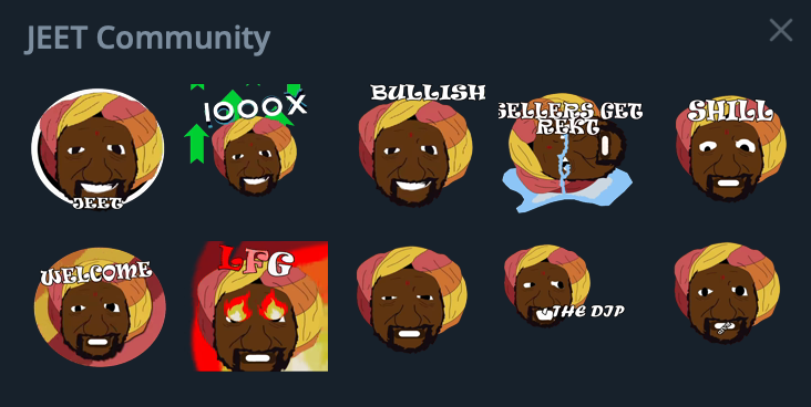 Jeet_Token's tweet photo. The official $JEET stickers are now live on Telegram!  

 Try them now: https://t.co/MSHcybkIo2 https://t.co/TnDKimVeMx