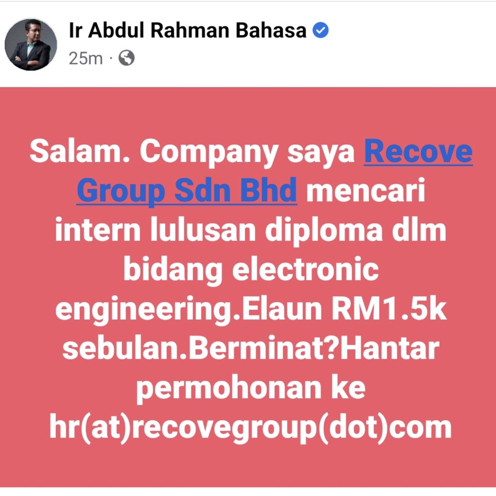 IrARBOfficial's tweet photo. Ada kenalan in diploma electronic engineering yg nk cari tempat intern tak? Dateline application 15 May 2023. Location: Bangi, Selangor. Sebarkan kepada yg memerlukan
#IrARB https://t.co/f7y96zJxEt