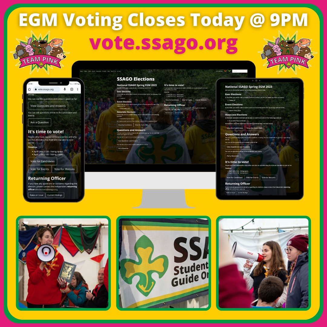 SSAGO_UK's tweet photo. Voting in our EGM closes today at 9PM! If you've not done so yet, make sure to visit https://t.co/SAyQeZCsta now to have your say in our National Treasurer, Autumn Rally 2024 and Associate Rep elections. 😊 https://t.co/KNnvtAbFik