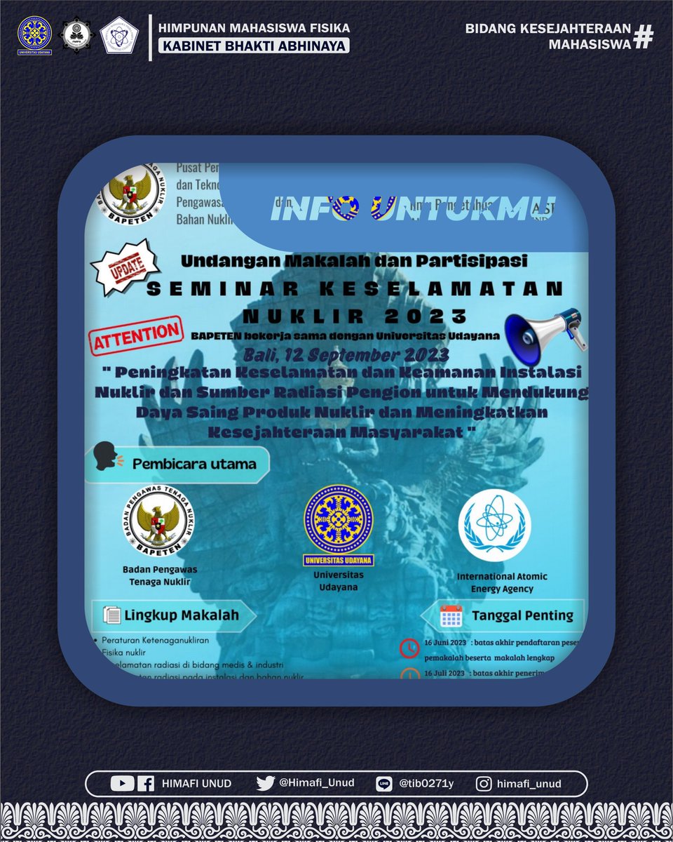 HIMAFI_UNUD's tweet photo. [INFO SEMINAR]

Halo Civitas Akademika Fisika!

Berikut merupakan informasi mengenai seminar yang diselenggarakan oleh FMIPA Udayana yang berkolaborasi dengan Badan Pengawas Tenaga Nuklir dan International Atomic Energy Agency.

Catat tanggalnya yaa!! https://t.co/5bcmD71fuD