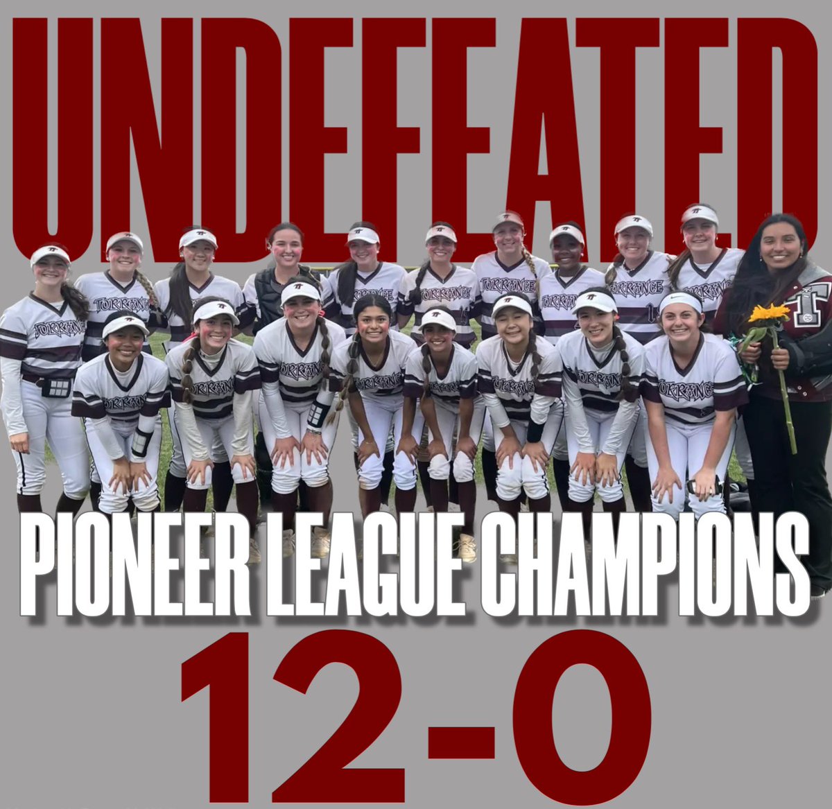 TartarSoftball's tweet photo. 2023 Undefeated Pioneer League Champions!!!

Mazee Martinez and Savi Kastigar each drove in 2 runs to pace our offense in a 6-2 win at South. 

Emma Hayashida went the distance to improve to 21-2. She allowed four hits and struck out 8. 

#TheTorranceHigh https://t.co/JaXKGyHGbk