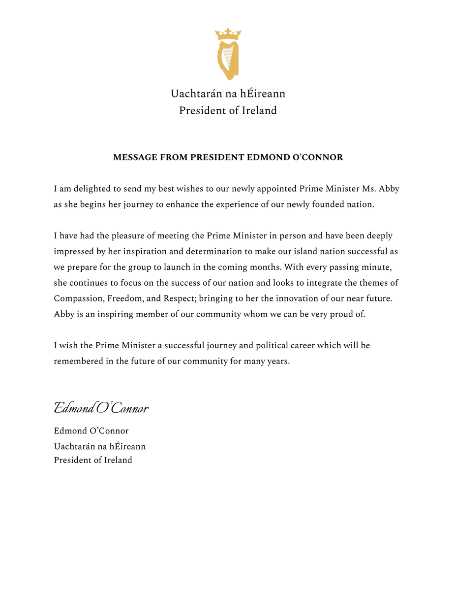 A statement released from President Edmond O'Connor on the appointment of the Prime Minister.