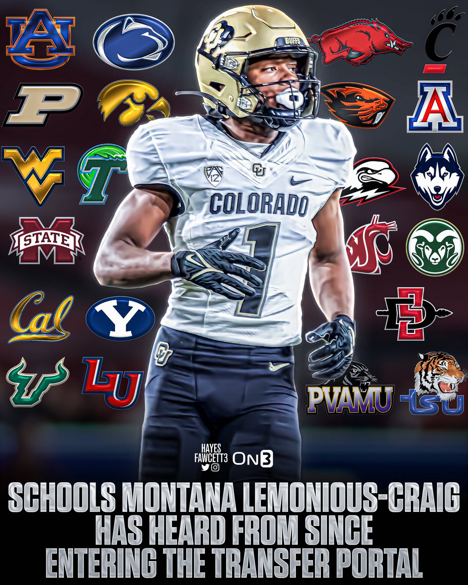 Hayesfawcett3's tweet photo. Former Colorado WR Montana Lemonious-Craig tells me he has heard from these schools since entering the Transfer Portal

The 6’2 190 WR had 3 catches for 154 yards and 2 TDs in Colorado’s Spring Game.

One of the top available WRs in the portal 

https://t.co/JBlULl6NWI https://t.co/xQXdzMjCHB