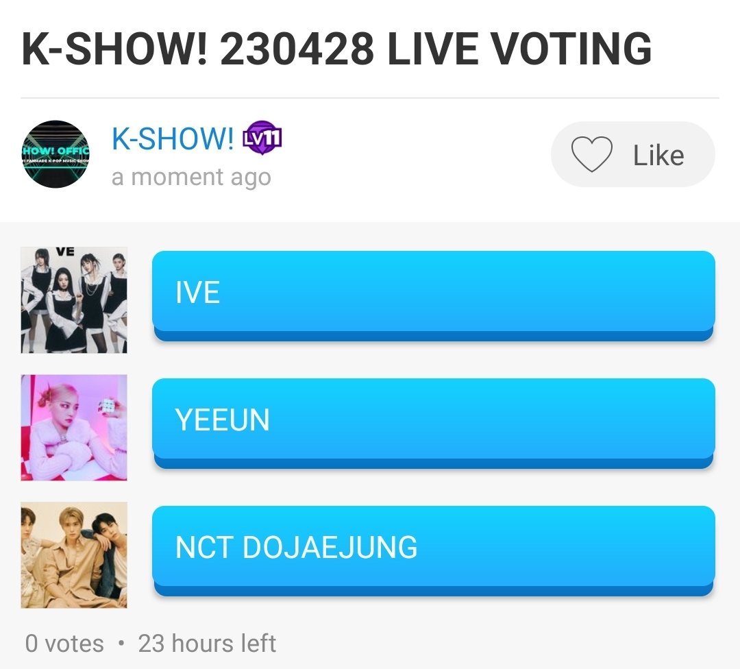 KSHOWOFFICIAL's tweet photo. K-SHOW! 230428 LIVE VOTING has officially started! 
How to Vote:
1. Download Amino Community app
2. Make an account and join Kpop Amino
3. Search KSHOW! 
4. Vote for this weeks TOP PICK! 
•
Voting period: Wednesday 8PM(CST)- Thursday 8PM(CST) https://t.co/A6g93zXzjz