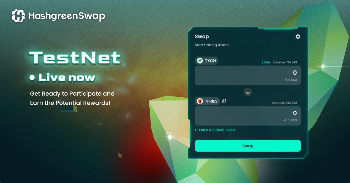 🚀 The wait is over!
HashgreenSwap v0.1 is officially live on Testnet! Discover new features, explore our main page, and participate in testing to earn potentical rewards! 🔥
Start testing: testnet-swap.hash.green
<a href="/chia_project/">Chia Network</a> #chia #amm #hashgreen