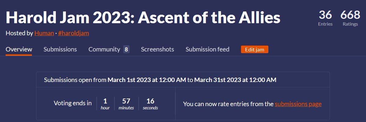 For weeks we've been waiting for the results to come in. Less than two hours, and we'll see who the champ is! 

Come get some last minute ratings in! We're 15 ratings away from breaking our all time jam rating record.

itch.io/jam/haroldjam23

#rpgmaker #RPGツクール #indiedev