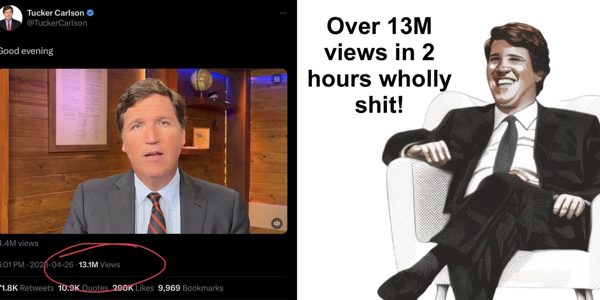 SatireSquadHQ's tweet photo. 13M plus views in 2 hours on his first post Fox Video! #tucker #TuckerCarlsonRocks https://t.co/MsOSIEz0dC