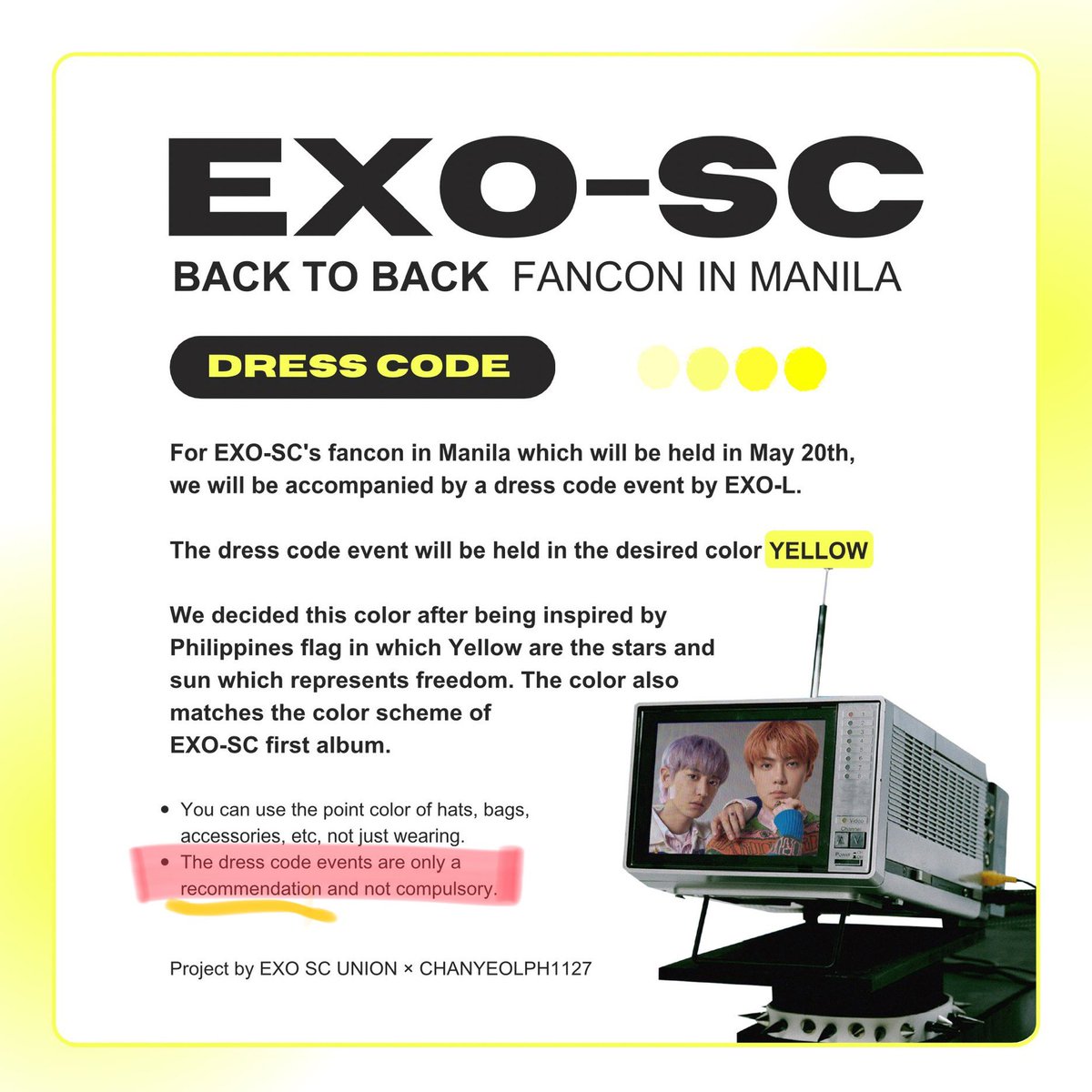 @EXOPhils What i'm saying, to reiterate, is that no one is in charge of saying what color the fans should wear but the fans themselves. To give you a clearer image of what i'm trying to say, here is exoscunion's post regarding the dresscode. The highlighted part on their pubmat is exactly