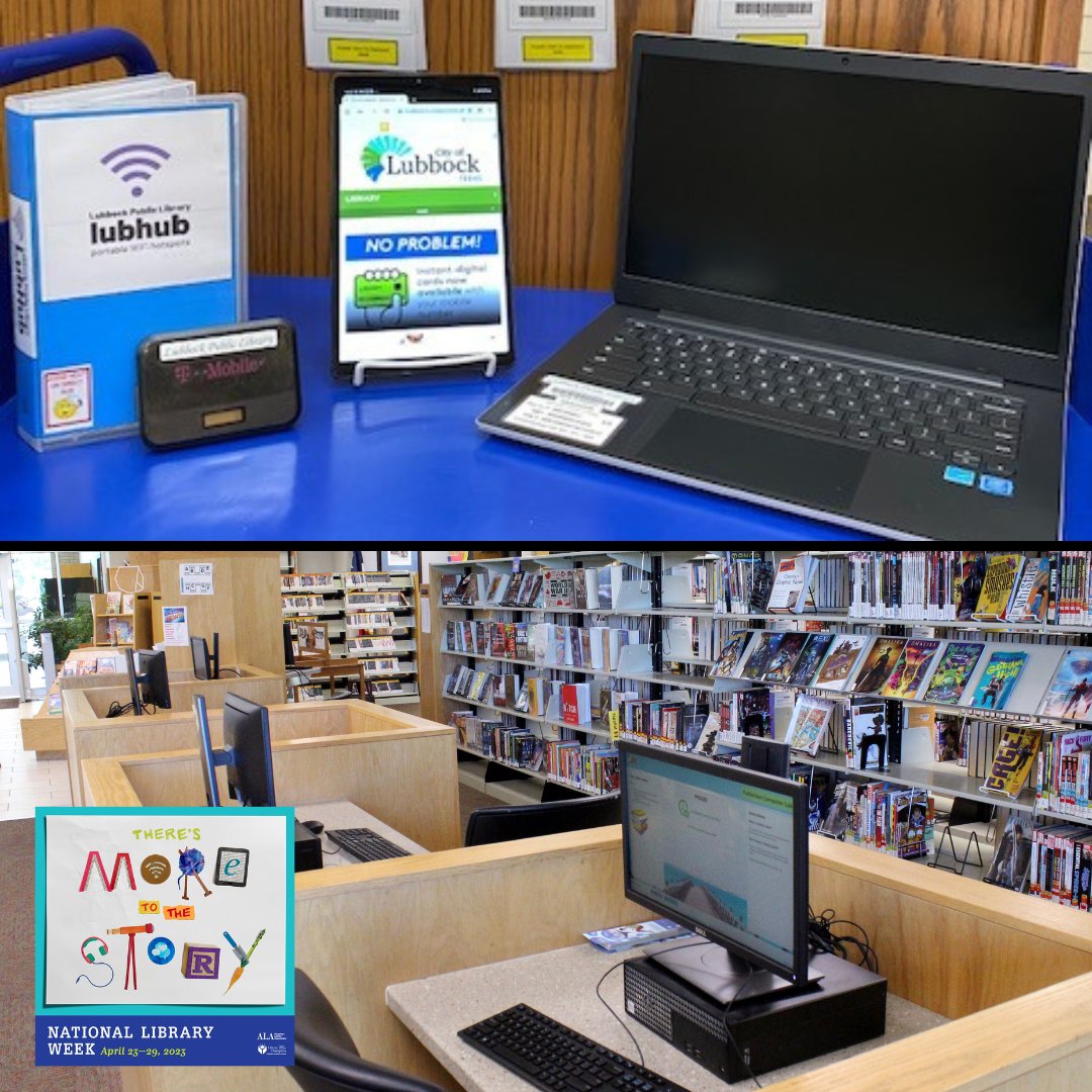 lubbocklibrary's tweet photo. At our Libraries you can borrow tablets, laptops and hotspots! Plus, you can use our free public computer labs and Wi-Fi. We are trying to help the Lubbock community have access to the technology and internet that is so crucial in today's world! #NationalLibraryWeek2023 https://t.co/dsyCJo3adk