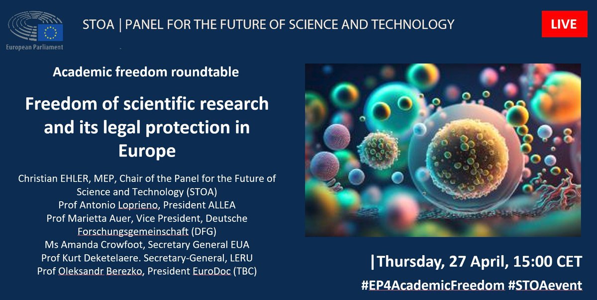 ‼️Today at 15h00‼️

First @EP_ScienceTech Academic Freedom Roundtable on EU legal protection of Freedom of Scientific Research, with speakers from @LERUnews, @euatweets, @ALLEA_academies, @Eurodoc & @dfg_public 

Live Stream: tinyurl.com/4adc6945

#EP4AcademicFreedom