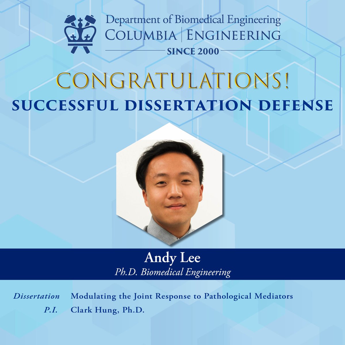 Columbia BME (@columbiabme) on Twitter photo π We have 3 new Doctors! π
- Anjali Doshi (PI Tal Danino <a href="/tdanino/">Tal Danino</a>)
- Sean Perkins (PIs Qi Wang <a href="/NeuralCtrlLab/">Laboratory for Neural Engineering and Control</a> & Mark Churchland <a href="/MarkChurchland/">Mark Churchland</a>)
- Andy Lee (PI Clark Hung <a href="/thehunglab/">The Hung Lab</a>) π We have 3 new Doctors! π
- Anjali Doshi (PI Tal Danino <a href="/tdanino/">Tal Danino</a>)
- Sean Perkins (PIs Qi Wang <a href="/NeuralCtrlLab/">Laboratory for Neural Engineering and Control</a> & Mark Churchland <a href="/MarkChurchland/">Mark Churchland</a>)
- Andy Lee (PI Clark Hung <a href="/thehunglab/">The Hung Lab</a>)