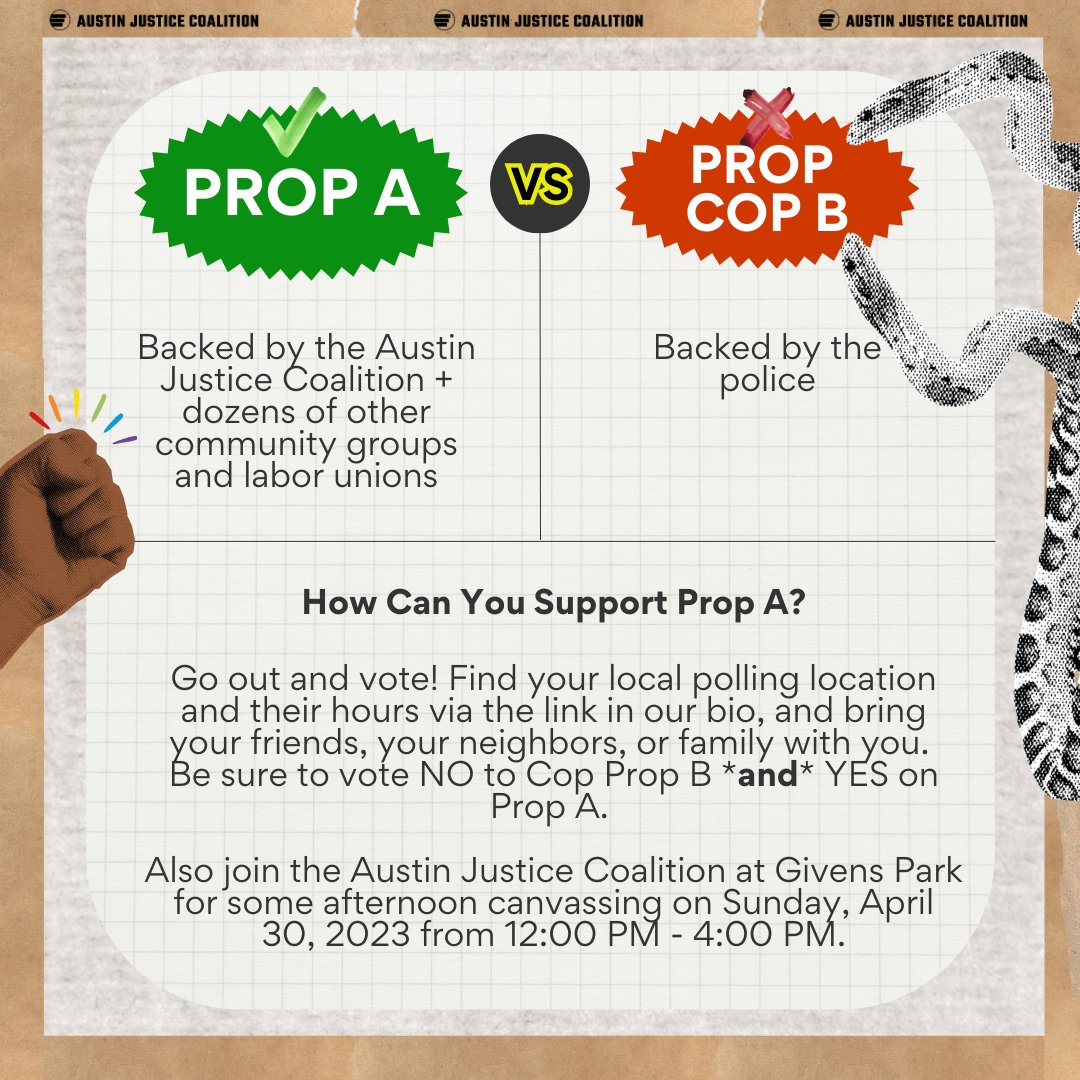 ATXJustice's tweet photo. Join us on Sunday, 4/30 (12-4 PM) at Givens Park for some good ol' canvassing to get the word out in East Austin before the end of early voting!
Sign up here: https://t.co/WD9WDJhbvS
#YesOnANoOnB #DontBFooled #NoCopB https://t.co/7lGabV1tV6
