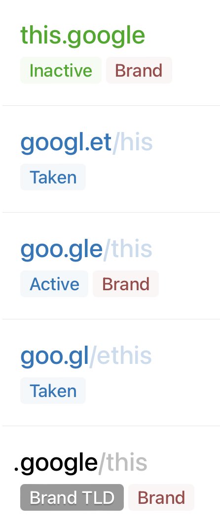 domainr's tweet photo. Also shipping today: labels.

Does that domain belong to a brand? Is it retired or defunct? Or is it a country code or private extension? All visible at a glance. https://t.co/KulPjgbdse
