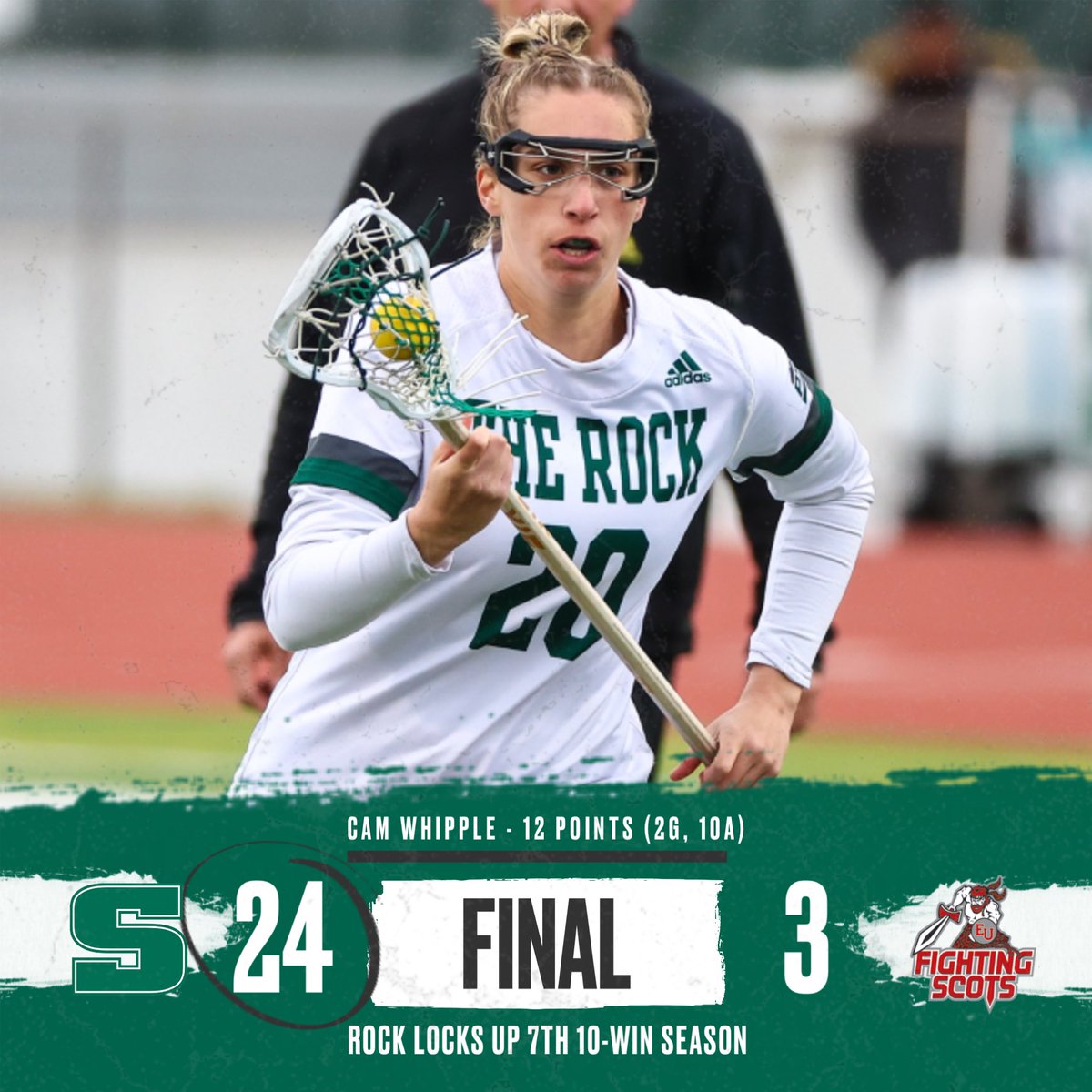 Rock_Athletics's tweet photo. LAX: ROCK WINS! Camryn Whipple sets a single-game record with 12 points to lead The Rock to a 24-3 win at Edinboro. SRU locks up it’s seventh 10-win season in program history. https://t.co/cnEkU7YFgz