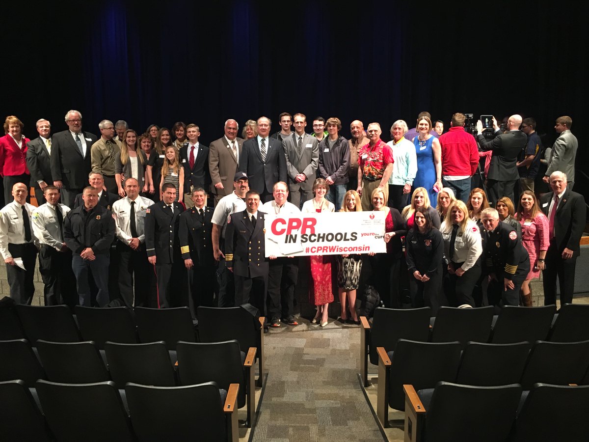 AHAWisconsin's tweet photo. THROWBACK WEDNESDAY: Seven years ago today, April 26, 2016, Governor Scott Walker signed the CPR in Schools Bill ensuring all Wisconsin students are trained in CPR before they graduate from high school. #CPRWisconsin https://t.co/xZpEtX3IEW