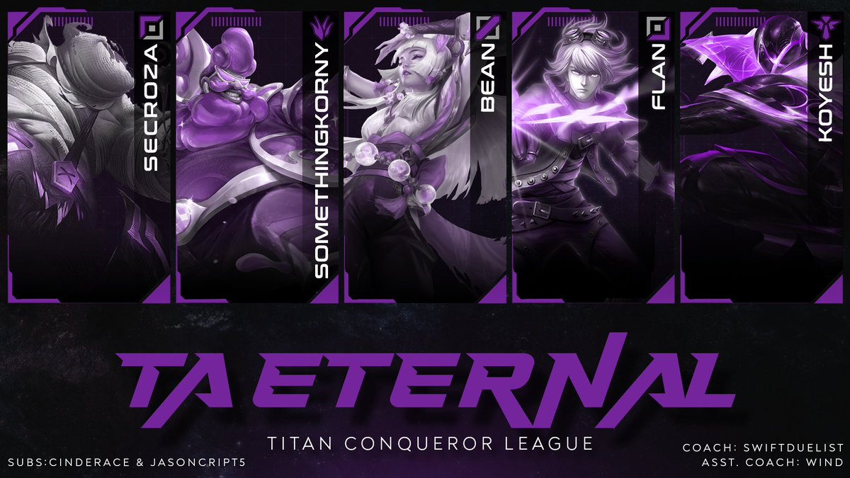 Time to introduce our new @TitanEsportz Conqueror League representatives, Team Ambition Eternal! #TAWIN

🟣Secroza 
🟣SomethingKorny
🟣Bean
🟣Flan
🟣Koyesh