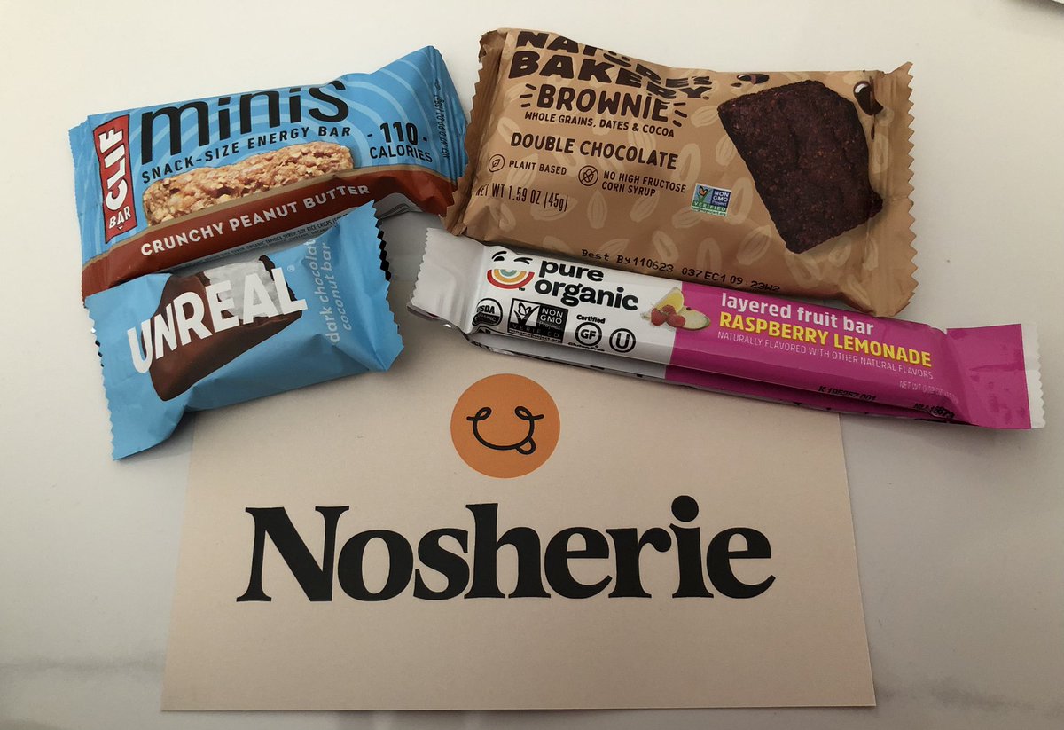 dordor_xox's tweet photo. Loving my 3rd box of snack samples from Nosherie!! β€οΈ @NaturesBakery @ClifBar #unrealbar #pureorganic https://t.co/jtkFzQjrNZ