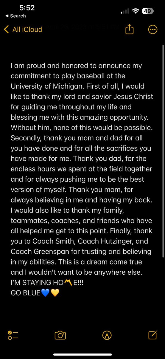 KadenJominy2026's tweet photo. I’M STAYING HO〽️E!!!
GO BLUE💙💛

So grateful for the opportunity!

@TracyJSmith13 @bengreenspan22 @HuntzingerBrock 

@HitDogsAcademy @official_hitdog @MattawanHSBB  @CoachGoodwinA @JBrownPG https://t.co/pPJXtluIoP