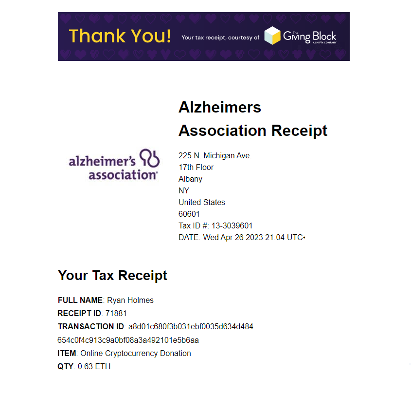 Today we made our 5th donation to <a href="/alzassociation/">Alzheimer's Association</a>.    
Since our last donation we have accumulated 6k MATIC. 

20% of 6k MATIC = 1.2k MATIC
1.2k MATIC x $01.05 = $1,260 USD
$1,260 USD = .65 ETH 

Total donated $4,848 USD or 2.21 ETH.
#ENDALZ