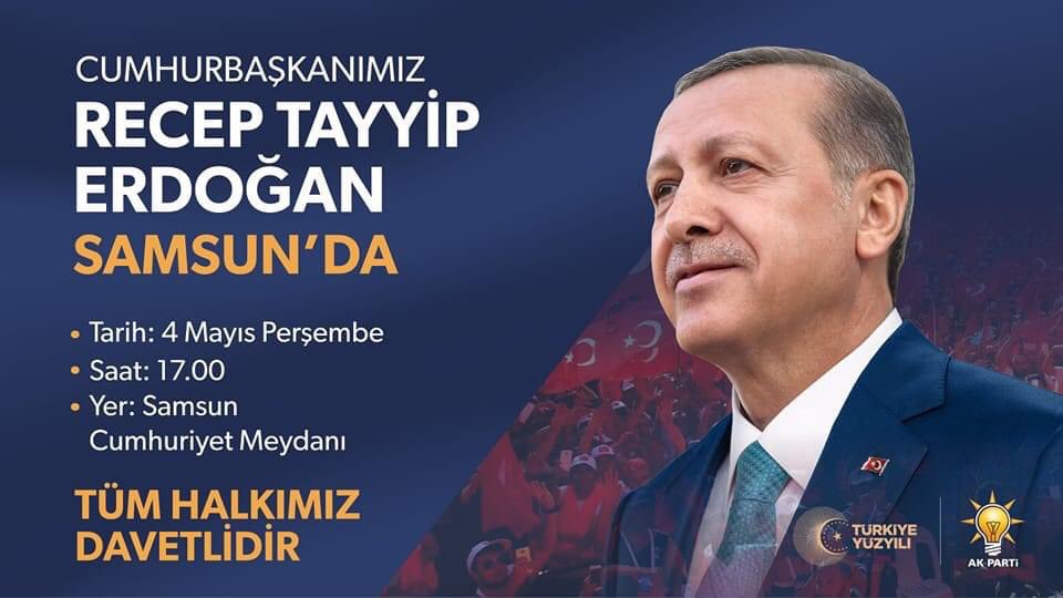 Cumhurbaşkanımız Sayın <a href="/RTErdogan/">Recep Tayyip Erdoğan</a> #Samsun'a geliyor.

🗓️4 Mayıs Perşembe 
⏰17:00
📍Cumhuriyet Meydanı

TÜM HALKIMIZ DAVETLİDİR.