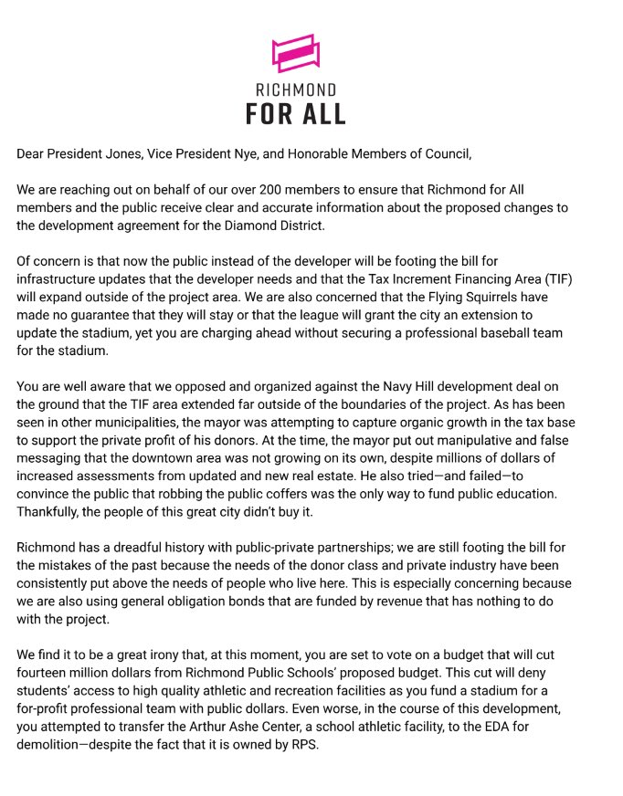RichmondForAll's tweet photo. βRichmond has a dreadful history with public-private partnerships; we are still footing the bill for mistakes of the past because of the needs of the donor class. Private-industry needs have consistently been elevated above the needs of those that live here.β #ACityForAll https://t.co/cTeztrVWDN