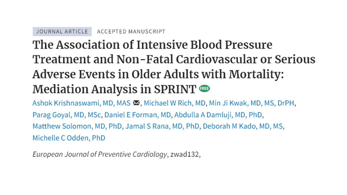 cardskrish's tweet photo. 1/Our findings using SPRINT dataset in EJPC -Intensive BP assoc w/attenuated ACM (all-cause mortality) when mediated through MACE driven through decrease CV mortality) and increased ACM (mediated through SAE - driven through higher non-CV mortality) important for older adults https://t.co/Gq4ZHegCo5
