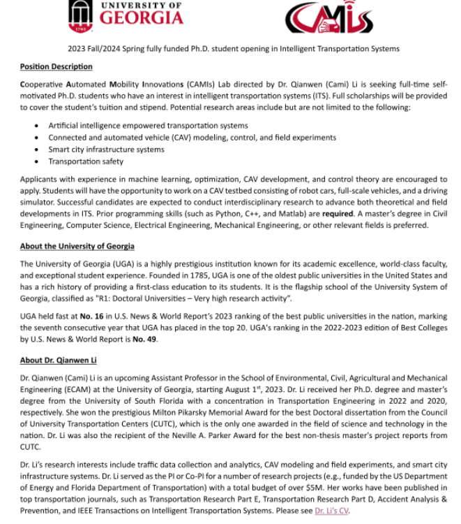Grad_School_Hub's tweet photo. "I am in search of highly self-motivated Ph.D. students to join my team at UGA. The hiring ad below contains more detailed information about the position. If you know anyone who might be interested, please feel free to forward the ad to them. Thank you!"-Dr. Qianwen (Cami) Li (Incoming Assistant Professor at the University of Georgia).