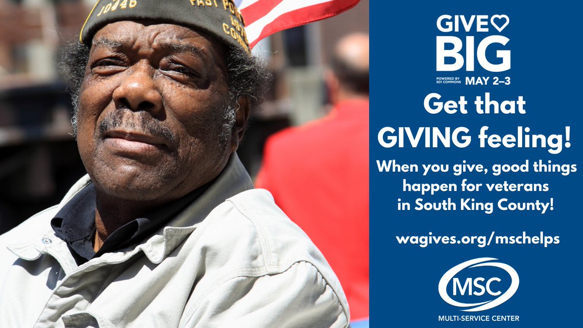 GiveBIG is here! Do GREAT things for Veterans in South King County through MSC's programs that focus on serving our Veterans such as William J. Wood Veterans House and Burien Veterans House.

GiveBIG at wagives.org/mschelps

#GiveBIG #thatgivingfeeling