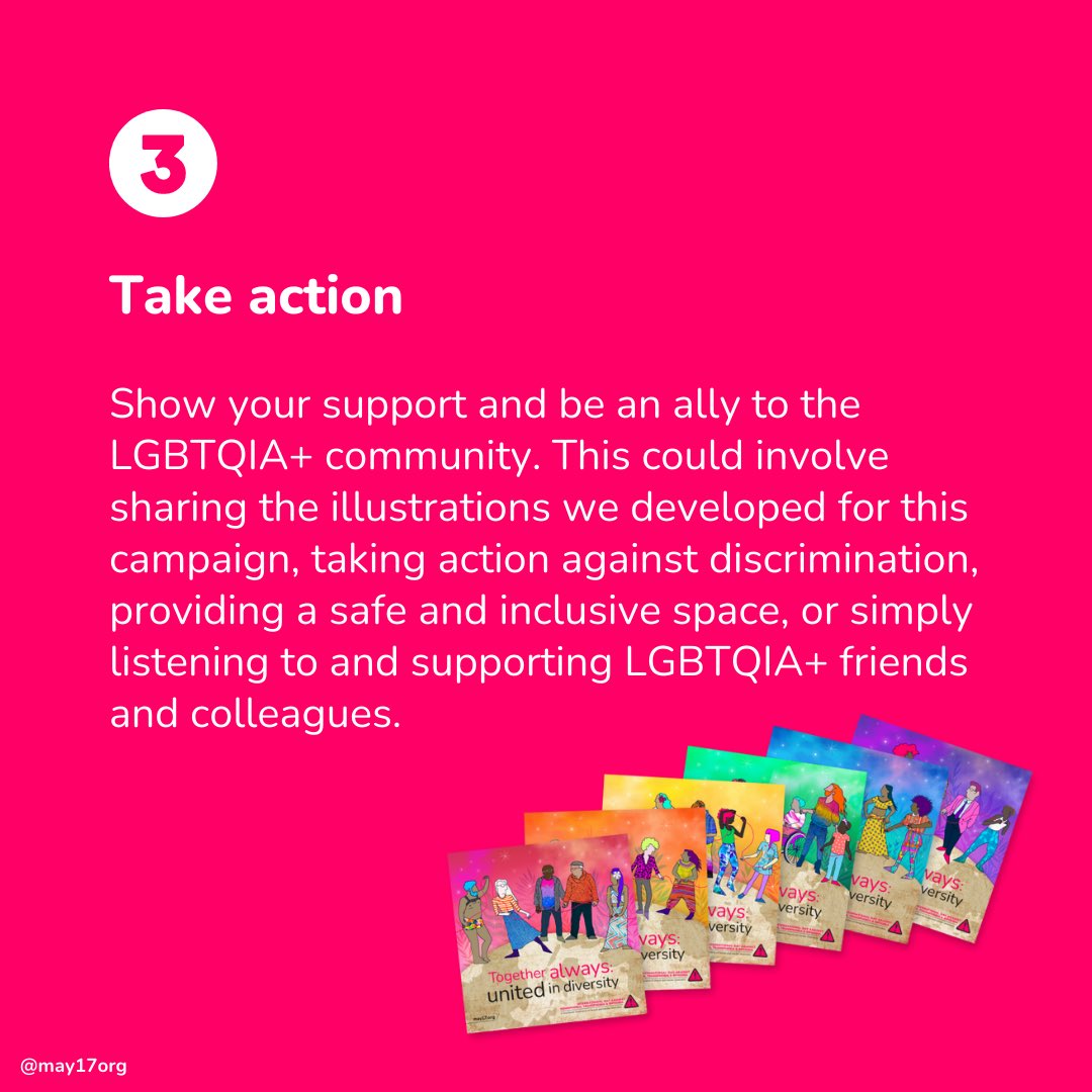 may17org's tweet photo. The International Day Against Homophobia, Transphobia, and Biphobia is a call to action.

Here are some tips and suggestions for allies who want to get involved. #IDAHOBIT #IDAHOBIT2023

1. Educate yourself
2. Make use of your resources
3. Take action 
[...] https://t.co/EQtxKwM8kl