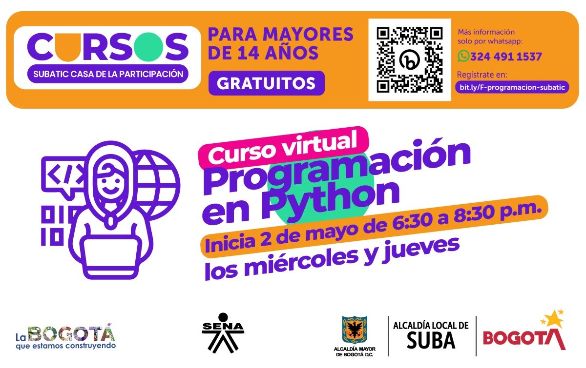 BertildeRodOfi's tweet image. #CursoGratuitoVirtual
#ProgramaciónenPython
#SubaTIC
💻🖥️👨💻👩💻
Mes de mayo del 2023
@SENAComunica
@Bogota
@AlcaldiaSuba11