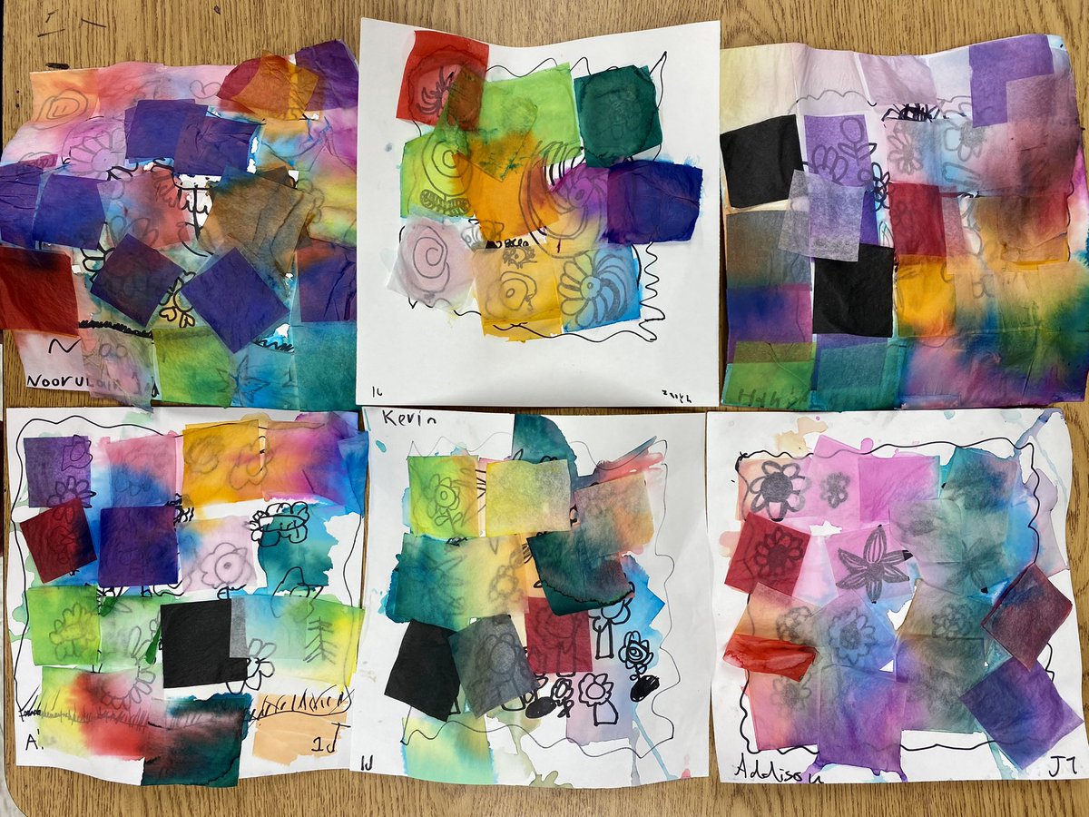 Flower gardens in 1st Grade with a tissue paper bleed technique. Next class students will take off the tissue paper to reveal all the color!