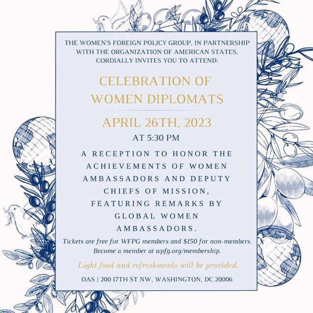 wfpg's tweet photo. AND WE’RE LIVE! Our event “Celebrating Women Diplomats” is happening right now at @oas_official!
#wfpg #womenleaders #ambassador #dcm #womeninforeignpolicy #womeninforeignaffairs #leader #mentor #organizationofamericanstates #diplomat #celebration #career #internship https://t.co/X75ps4OLjF