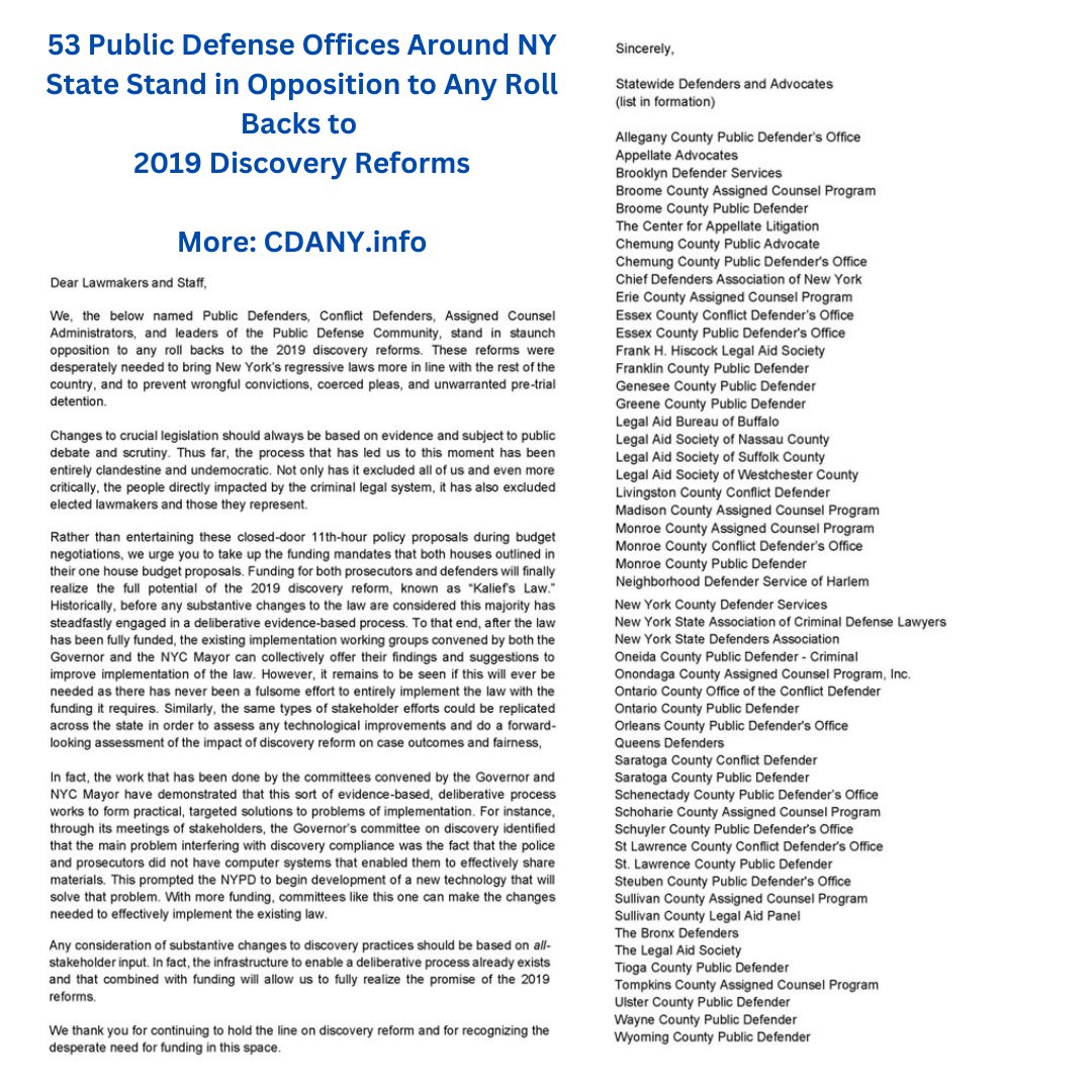 Over 50 Public Defense offices and agencies sent a letter to NY's lawmakers in opposition to rollbacks to current #discoverylaws. Read more at CDANY.info.

<a href="/NYSACDL/">NYSACDL</a> <a href="/NYSDefenders/">NYSDA</a> 

<a href="/NYSenate/">New York State Senate</a> <a href="/NYSenateDems/">New York Senate Dems</a> <a href="/NYSA_Majority/">NY Assembly Majority</a>