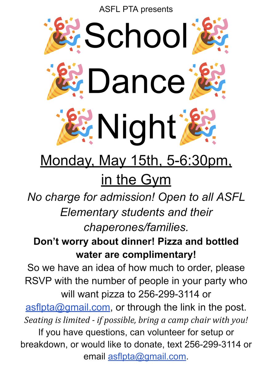 Elementary dance on May 15th! Please RSVP (just so we can best estimate how much pizza we'll need) at either the phone number/email in the flyer below, or at forms.gle/XZb5cdyqY3vyTU…
