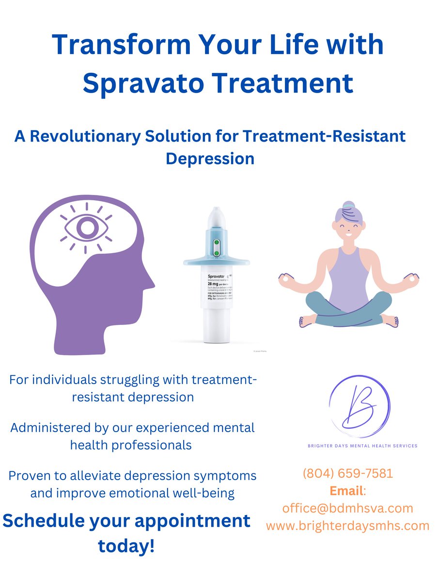 BDMHSVA's tweet image. Struggling with treatment-resistant depression? 🤔 Brighter Days Mental Health Services is here to help with our innovative Spravato treatment! Follow this thread to learn more. 💫 #Spravato #MentalHealth #DepressionTreatment #BrighterDaysMHS #MentalWellness 🧵👇🏾
