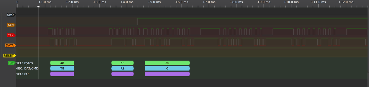 tschak's tweet image. Am bashing my brains out, trying to figure out why the IEC protocol decoder in #Sigrok #PulseView is crapping out while trying to read a trace from a real 1541 device, the EOIs before it stops, is very suspect. sigh.