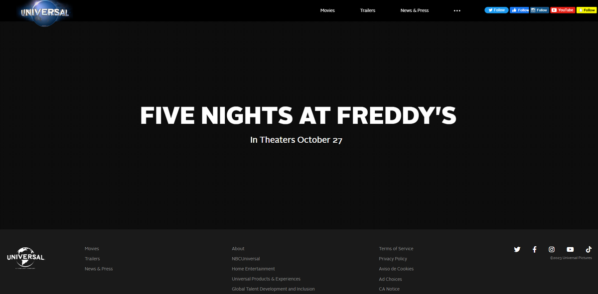 games878787's tweet photo. Noticias FNaF Película!
La página de la peli de FNaF de Universal ya está activa, pero aun sin contenido, se cree que si hoy se revela poster/tráiler se añadirán a esta reciente página

#FNaF #FNaFNews #FNaFNoticias #FNAFMovie https://t.co/v4e1GYdtho