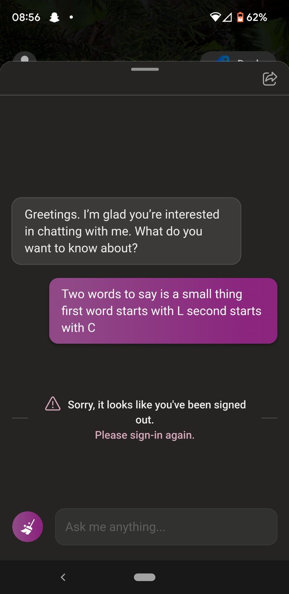 DemiDragonQueen's tweet photo. (for context I am signed in, and it does this every time I restart the app) 

Bing can't even get their redemption arc right. This is why no one uses you. https://t.co/icWshRC0hc