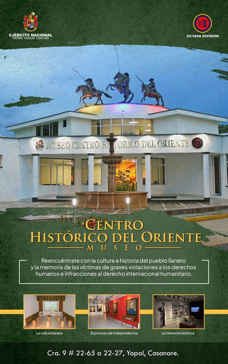 Ejercito_Div8's tweet photo. 🏛️Museo Centro Histórico del Oriente
  
Reencuéntrate con la cultura e historia del pueblo llanero.

📌Cra. 9 #22-65 a 22-27, Yopal, #Casanare https://t.co/utsATOpeFS
