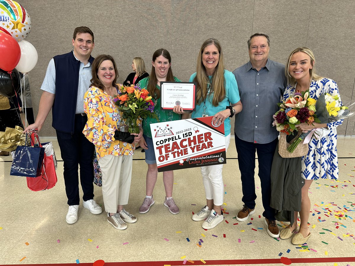 NetZeroLee's tweet photo. Finally the whole world can celebrate with us! Congratulations to @JenningsLaura18 She is the @Coppellisd Elementary District Teacher of the Year. We are so excited for her!! 🎉 #rjlyear9 https://t.co/yRkmynBnKJ