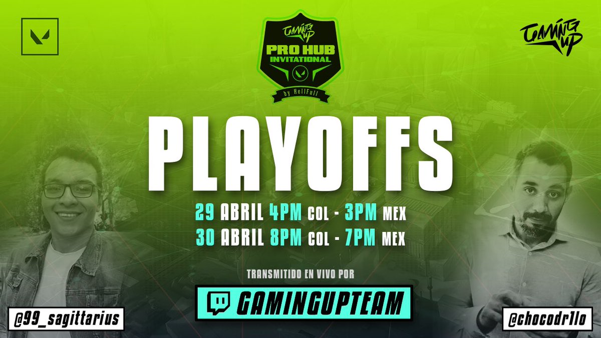 teamgamingup's tweet photo. Nos complace anunciar nuestro #ProHub PLAYOFFS con nuestro invitados @99_sagittarius y @chocodr1lo como casters😎💚
Los jugadores darán lo mejor para llegar a la final 🏆 Podrás ver la transmisión en vivo de la semifinal (23/04) y final (30/04) en https://t.co/bOwItMLmTq https://t.co/U0f9GWaAi6