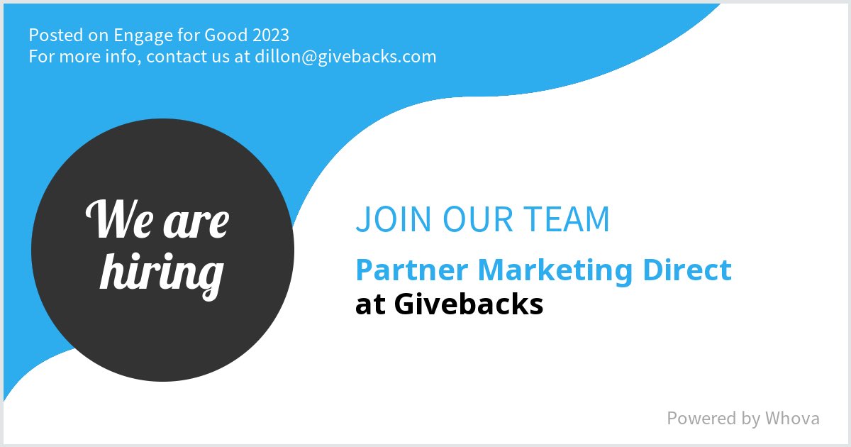 We are #hiring for Partner Marketing Direct at Givebacks. Message me if you're interested in joining our team. We are attending Engage for Good 2023 if you would like to meet! #EFG2023 #CSR #SocialImpact #CorporateDevelopment - via #Whova event app
