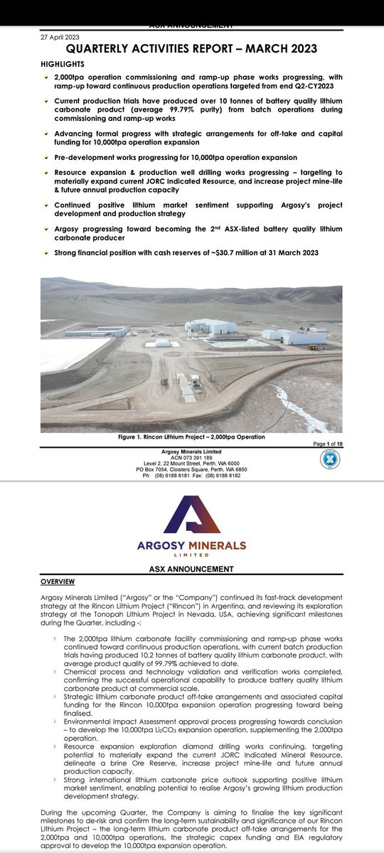 $AGY progressing toward significant milestones; * 2ktpa BQ Li2CO3 production operations & cashflow * Strategic deals for off-take & 10ktpa capex * Started 10ktpa pre-dev works * Increase production profile with resource expansion drilling results * 2nd ASX listed Li2CO3 producer
