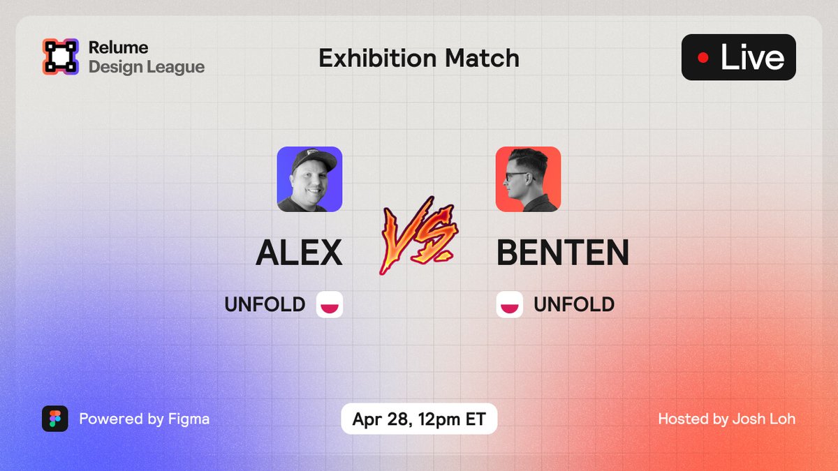 The RDL is back this week for an exhibition match!

Join us this Friday, 12PM ET for a special RDL livestream with <a href="/unfoldco/">unfold</a>

🟣<a href="/alex_eiman/">Alex Eiman</a> VS 🟠<a href="/bentenwoodring/">Benten</a> 

Both designers returning to the RDL to flex their web design skills for your enjoyment 🍿

👇
youtube.com/watch?v=RMAMi-…
