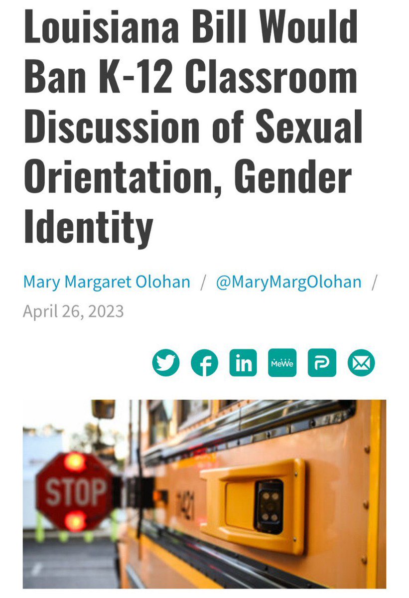 BREAKING: A bill proposed in Louisiana would ban K-12 educators from discussing sexual orientation/gender identity with students as well as ban the usage of a student's pronouns if they differ from the ones listed on their birth certificate. 

This is huge. People everywhere are